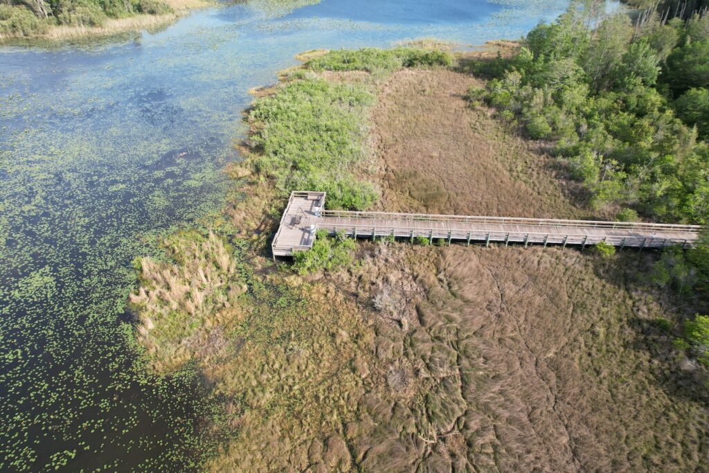 an aerial view of a bridge over a river